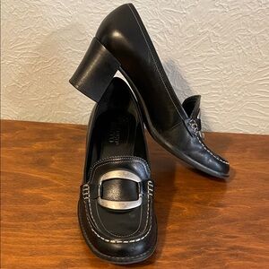 Classic Black Leather Loafer Heels with Silver Buckle